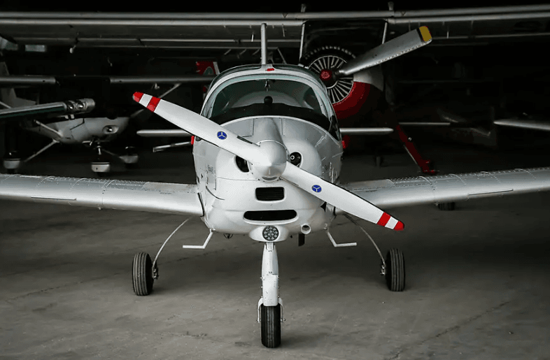 Light aircraft in a hangar